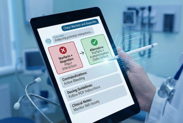 A close-up of a tablet in a clinical setting displaying a chat interface where an intelligent alert warns a healthcare provider of a potential drug interaction between Warfarin and Ibuprofen, designed to prevent medication errors.