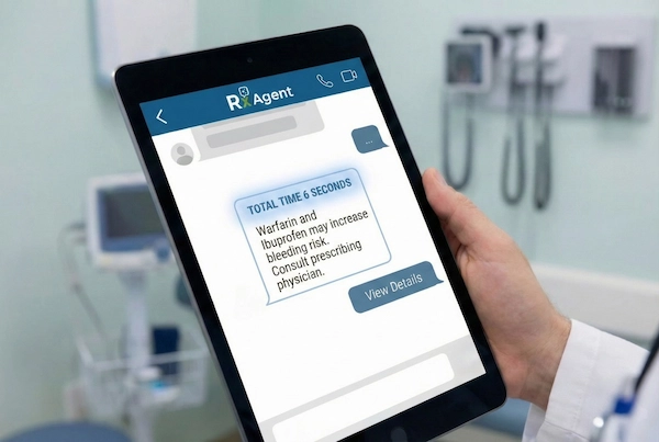 A tablet displaying the Rx Agent app interface with the official logo at the top. The screen shows a clinical chat query being answered instantly, featuring a subtle indicator text reading "Total Time: 6 Seconds" to highlight rapid decision-making capabilities.