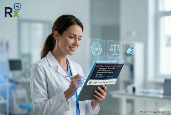 A close-up of a tablet on a white medical desk displaying the RX Agent app with a conversational chat interface. The screen shows a dialogue-style layout where a search for a drug generates structured response bubbles containing Clinical Data, Dosage Forms, and Legal Compliance information. A doctor’s hand uses a white stylus to scroll through the chat stream, with a stethoscope resting in the foreground.