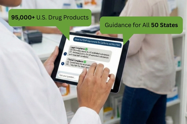 Interactive US map showing state-by-state compliance requirements with color-coded indicators for PDMP mandates, opioid prescribing limits, and electronic prescribing regulations across all 50 states.